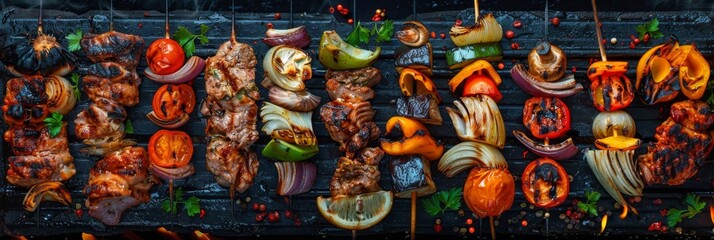 Fototapeta na wymiar Grilled Lule Kebab, Barbecue Vegetables, Fish on Grill Big Set, Skewered Bbq Minced Meat Mix
