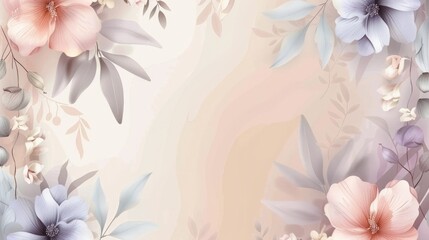 Fototapeta premium Pastel floral wallpaper, elegant soft-toned flowers and leaves design, banner with copy space
