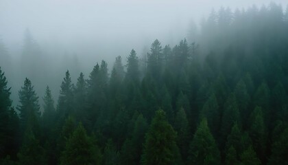 Fototapeta premium Dreamy valley landscape, a vast evergreen forest bathed in soft morning light. Layers of translucent mist create a sense of depth and tranquility. Bird's eye view