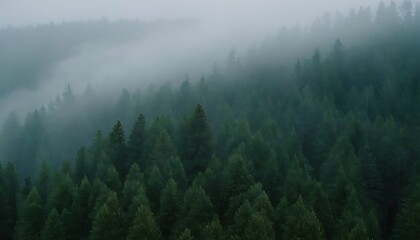 Fototapeta premium Dreamy valley landscape, a vast evergreen forest bathed in soft morning light. Layers of translucent mist create a sense of depth and tranquility. Bird's eye view