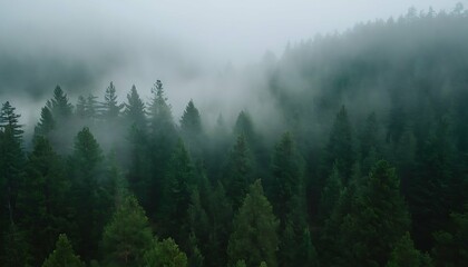 Mystical landscape of rolling hills covered in a thick pine forest. Wispy fog hangs low in the...