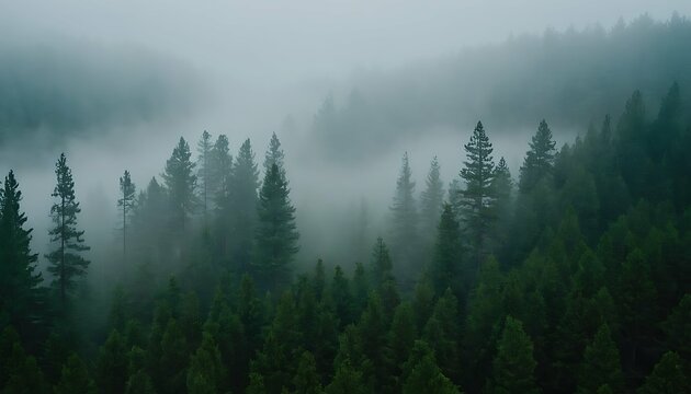 Mystical landscape of rolling hills covered in a thick pine forest. Wispy fog hangs low in the valleys, creating a sense of mystery. Aerial perspective