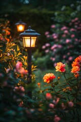 Garden lighting, a glowing lantern among blooming flowers at dusk, serene atmosphere, vertical photo. soft focus,defocus