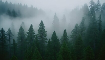 Misty mountain landscape with a dense fir forest viewed from a high altitude, Panoramic scene