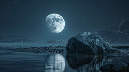 beautiful full moon seen from an island lake - obrazy, fototapety, plakaty