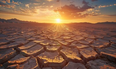 Sunrise over parched earth, dry cracked soil - obrazy, fototapety, plakaty