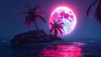Neon full moon seen from an island - obrazy, fototapety, plakaty