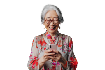Happy East Asian Senior Woman with Phone