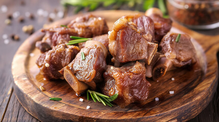 Delectable grilled meat chunks seasoned with herbs and spices, presented on a rustic wooden cutting...