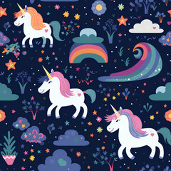  Magical Unicorns Pattern, Starry Night Background, Fantasy Children&rsquo;s Illustration