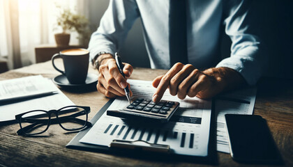 A business professional working at a desk, using a calculator with one hand and holding a pen in the other