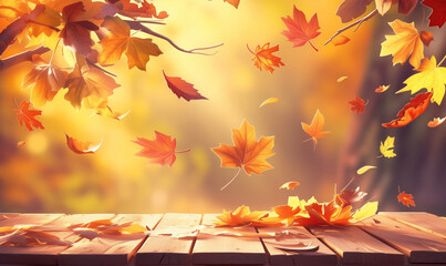 Naklejka na ściany i meble Serene Autumn Park Landscape with Falling Leaves at Sunset