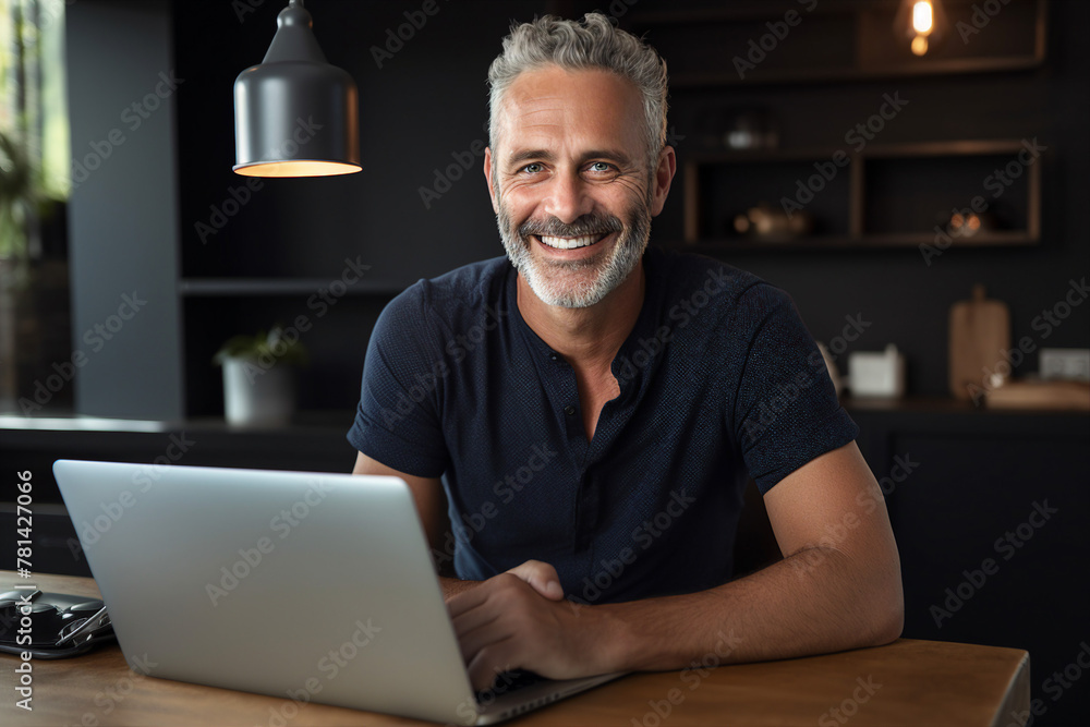 Poster generated with ai picture of a handsome man working from home on a laptop