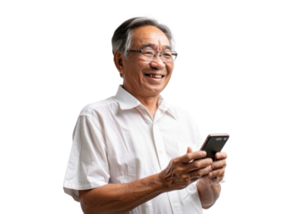 Senior Asian Man Smiling with Phone