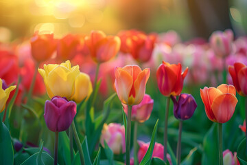Vibrant Tulip Field Aglow with Sunset Light, Beautiful Floral Landscape, Nature's Harmony in Pink, Yellow, and Red Hues