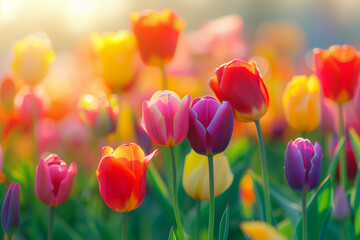 Vibrant Tulip Field Aglow with Sunset Light, Beautiful Floral Landscape, Nature's Harmony in Pink, Yellow, and Red Hues