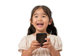 Smiling Child with Phone on Transparent