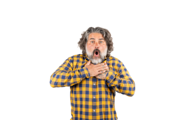 A man with his hands on his chest catching air on a white background