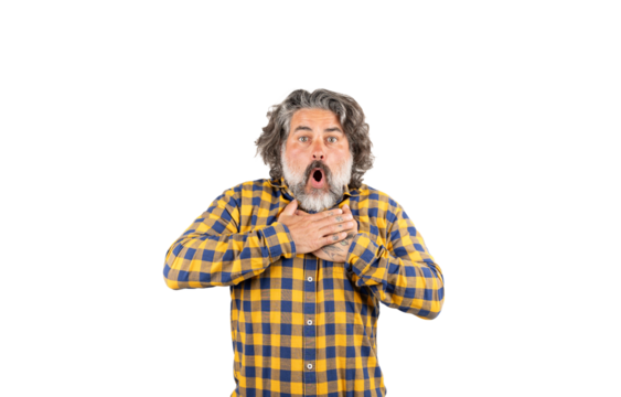 A man with his hands on his chest catching air on a white background