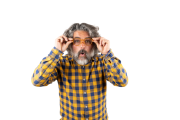 Portrait of surprised bearded man, touching his glasses, and looking at camera on a white background