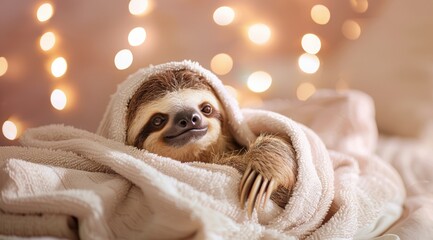 Fototapeta premium A cute smiling sloth in a white towel is lying on the bed, in a warm and cozy home background