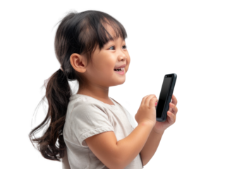 Young Girl with Phone Smiling on Transparent