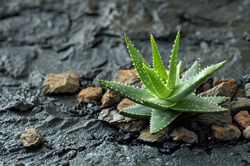 A green plant sitting on top of a pile of rocks - Powered by Adobe