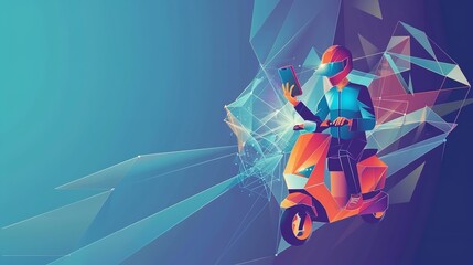 A vector art of a delivery man riding a bike with lots of connections and a colorful backdrop with space for text or product, Generative AI.