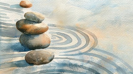 tranquil watercolor painting of a zen garden, complete with smooth stones and raked sand patterns