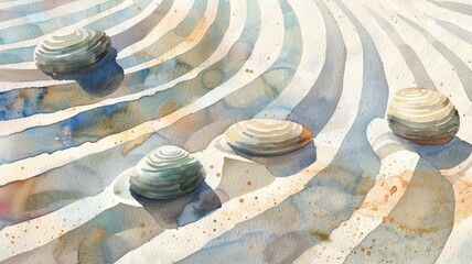 tranquil watercolor painting of a zen garden, complete with smooth stones and raked sand patterns - obrazy, fototapety, plakaty