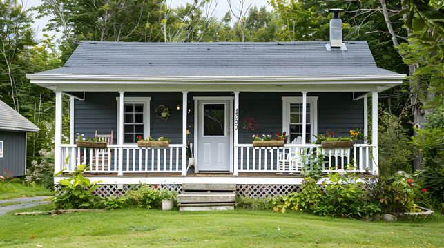 classic, timeless ranch house exterior with a wooden front porch and white exterior, Grey small house with porch and white railings with summer landscape