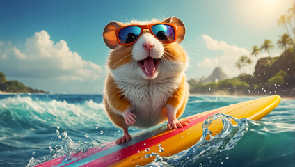 cute hamster rides on a surfboard playful