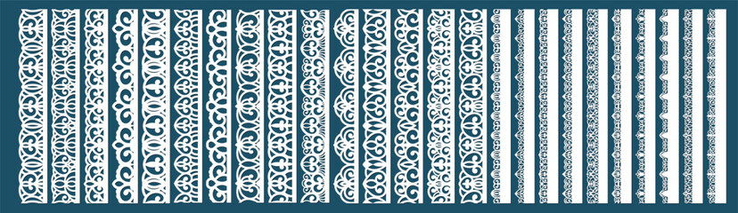 Lace pattern elements. Vintage seamless figured lace borders, beautiful wedding lace decoration. Black lace borders vector illustration set. Seamless black gorgeous stripe, delicate simple pattern