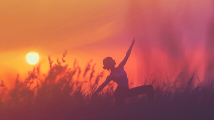 one person performing yoga poses in nature, background gradient of orange and purple