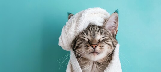 Cute smiling cat with a white towel on its head, relaxing and having a spa day at a beauty salon isolated over a turquoise background with copy space for your design or text, banner template.