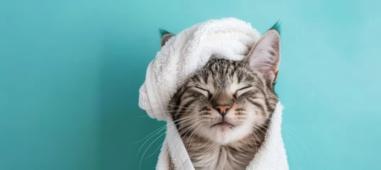 Peel and stick wall murals Massage parlor Cute smiling cat with a white towel on its head, relaxing and having a spa day at a beauty salon isolated over a turquoise background with copy space for your design or text, banner template.