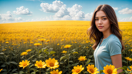 Obraz na płótnie Canvas Beautiful woman on the background of a flower field