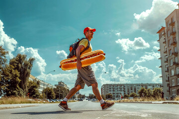 A happy man crosses the street holding a giant hot dog under his arm