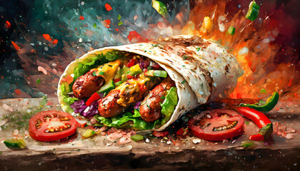 Delicious Healthy Mexican Burrito Wrap, Sausage, and Roaste on digital art concept, Generative AI. - 781429487