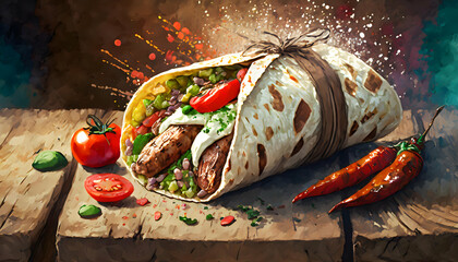 Delicious Healthy Mexican Burrito Wrap, Sausage, and Roaste on digital art concept, Generative AI. - 781429488