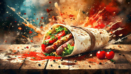 Delicious Healthy Mexican Burrito Wrap, Sausage, and Roaste on digital art concept, Generative AI. - 781429494