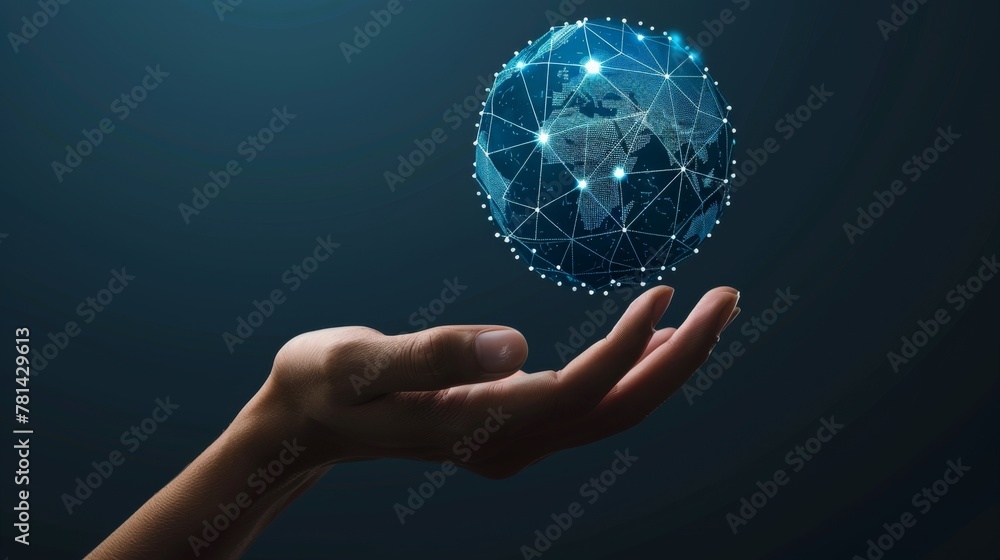 Leinwandbilder a wireframe hand holding a globe; a concept for communication worlds or global networks