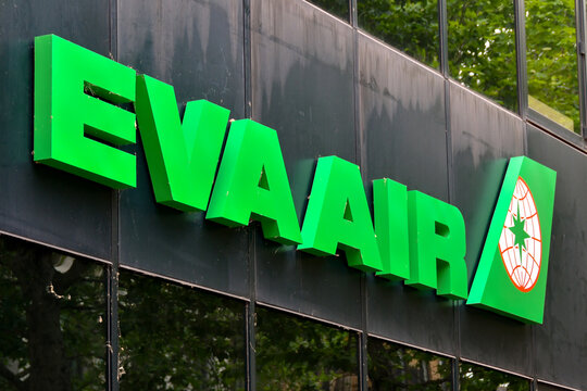 London, England, UK - 28 June 2023:  Large sign on the outside of the Eva Air airline offices in central London