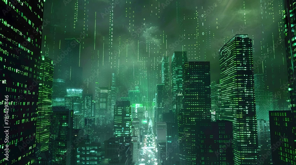 Poster Technology of digital advancements; a matrix cityscape; a binary city of green lights.