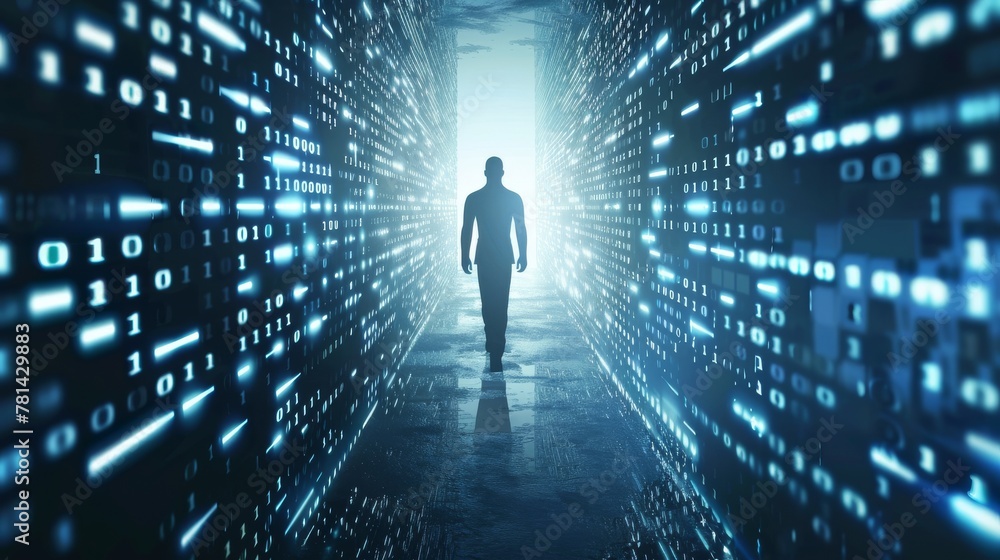 Poster Using binary code and a man's shape to represent technology advancement
