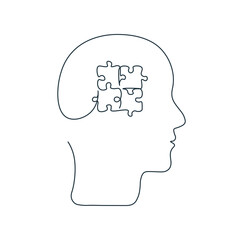 Concept of mental health. Profile of human head as single continuous line. Psychological and psychiatric therapy. Business idea, education. Puzzle. One line simple vector drawing on white background.