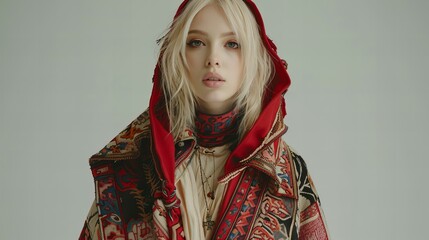 Obraz premium blond woman, female fashion model wearing traditional style red clothes, folklore inspiration