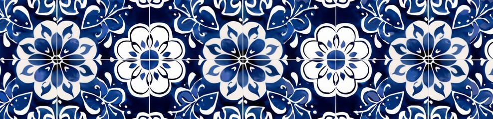 A seamless pattern with blue and white vintage tiles. Blue and white geometric pattern tile with floral decoration for wall background or floor. Background of traditional Moroccan mosaic tiles in blue