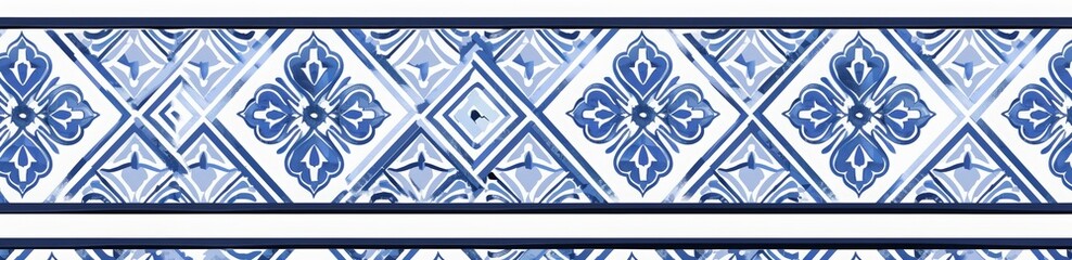 A seamless pattern with blue and white vintage tiles. Blue and white geometric pattern tile with floral decoration for wall background or floor. Background of traditional Moroccan mosaic tiles in blue