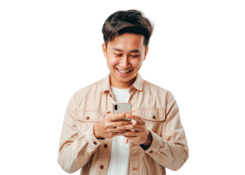Southeast Asian Man Smiling at Phone